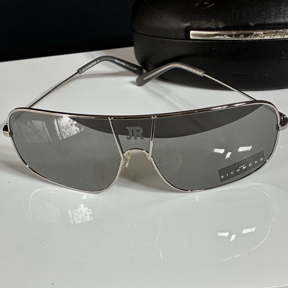 John Richmond Silver Metal Shield Sunglasses 2000s w/ Mirrored Lens JR50101